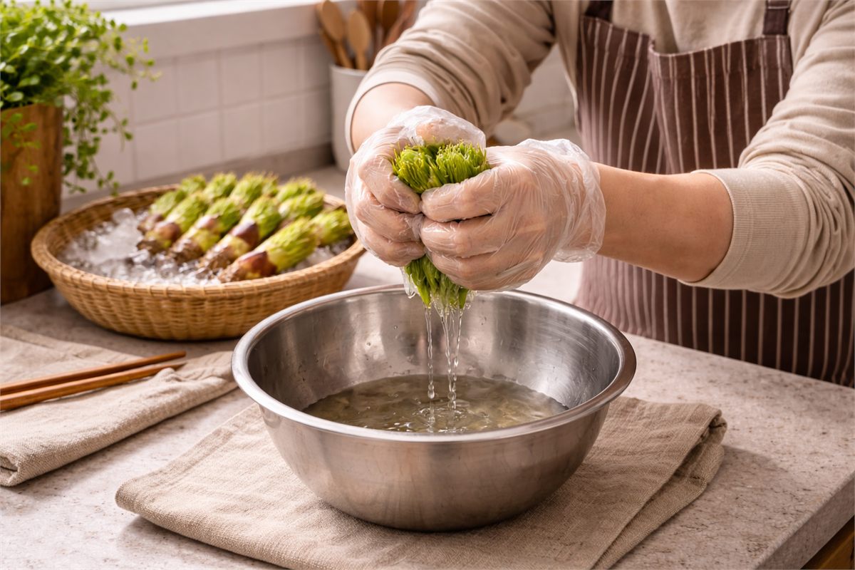 데친 두릅의 물기를 손으로 짜는 모습 