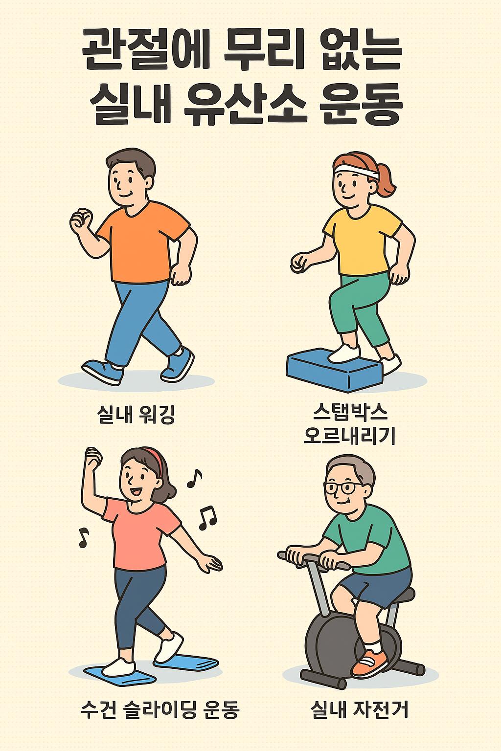 실내워킹, 스텝박스 오르내리기, 수건 슬라이딩, 실내자전거등 실내유산소운동하는 모습 만화체 그림