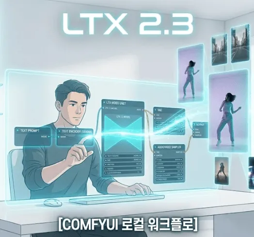 LTX-2.3: 밝고 깨끗한 현대적 사무실의 흰색 책상 위에 한 남성 크리에이터가 앉아 투명한 홀로그램 스크린을 조작하고 있다. 스크린 위로는 LTX 2.3의 ComfyUI 노드 그래프가 기하학적이고 아름답게 펼쳐져 있으며&amp;#44; &amp;#39;TEXT PROMPT&amp;#39;&amp;#44; &amp;#39;TEXT ENCODER&amp;#39;&amp;#44; &amp;#39;LTX-VIDEO UNET&amp;#39;&amp;#44; &amp;#39;VAE&amp;#39;&amp;#44; &amp;#39;OUTPUT&amp;#39; 등의 보석처럼 빛나는 노드들이 서로 연결되어 있다. 크리에이터의 손길을 따라 각 노드에서 청록색 에너지가 흐르며 데이터 흐름을 시각화한다. 그 결과로 최종 출력 노드인 &amp;#39;OUTPUT&amp;#39;에서 수많은 세로형 홀로그램 비디오 패널이 폭발하듯 솟아올라 둥둥 떠다닌다. 이 홀로그램들은 춤추는 사람&amp;#44; 풍경&amp;#44; 도시 등 AI로 생성된 다양한 콘텐츠를 보여준다. 최상단에는 &amp;#39;LTX 2.3&amp;#39;이&amp;#44; 최하단에는 &amp;#39;[COMFYUI 로컬 워크플로]&amp;#39;가 적혀 있다. 배경 벽 선반에는 그래픽카드와 프로세서 아이콘이 빛나고 있다. (LTX 2.3&amp;#44; ComfyUI&amp;#44; local workflow&amp;#44; AI video generation&amp;#44; node graph&amp;#44; holograms&amp;#44; creator&amp;#44; RTX 3080) 