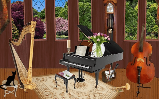 검정 피아노, 큰 첼로, 커다란 하프, 트럼펫이 놓여져 있는데, 음악적 재능이 뛰어난 음악가들의 연습실이다.