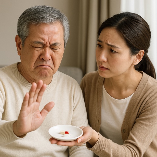 약 복용을 거부하는 노년 환자와 이를 공감하며 설득하려는 가족의 모습(출처: 자체제작)