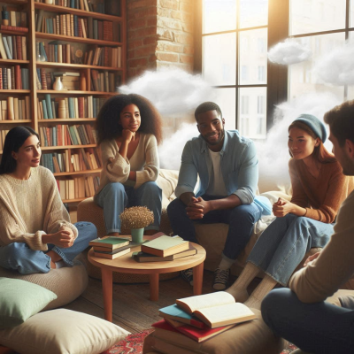 침대에서 잠을 자고 있는 인물이 구름과 별로 꾸며진 공간에서 편안하게 휴식을 취하는 모습.