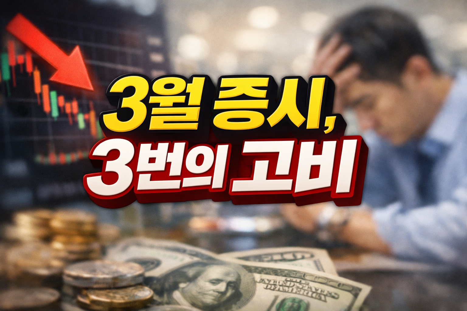 하락 화살표와 캔들 차트, 달러와 동전 이미지 위에 ‘3월 증시 3번의 고비’라는 문구가 배치된 2026년 3월 경제 이벤트 관련 썸네일
