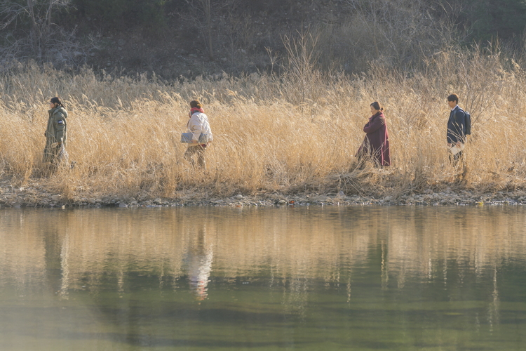 강가옆 갈대 밭에 여자3 명과 남자 1명이 걸어간다. 풍경이 아름답다.