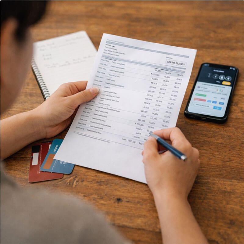 카드 명세서와 지출 내역을 확인하며 생활비 흐름을 점검하는 일상적인 기록 장면