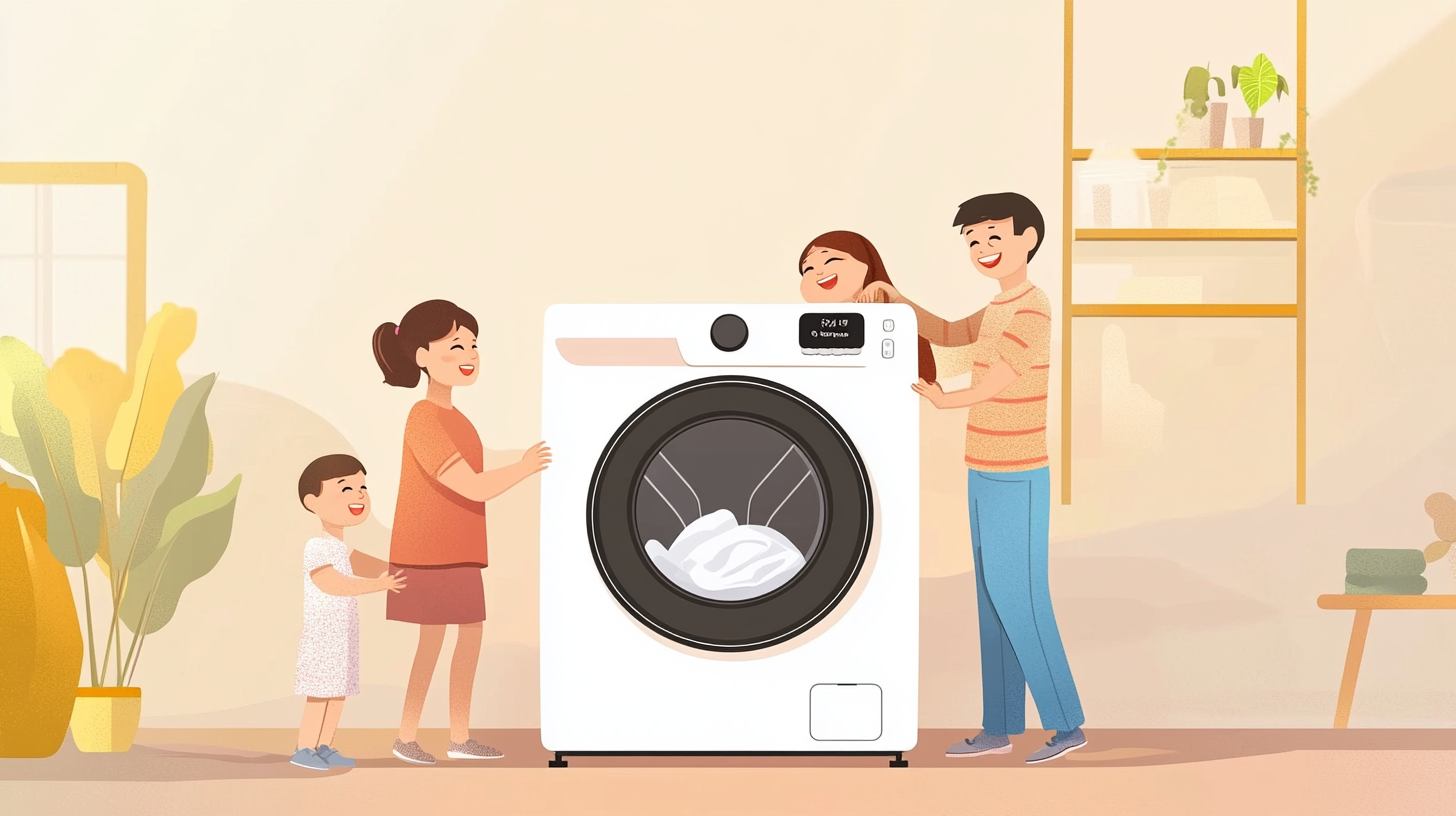 LG 세탁기가 스팀 세탁 사이클을 실행 중이며 증기가 보이는 모습. 청결하고 간결한 배경이 함께 어우러진 장면.