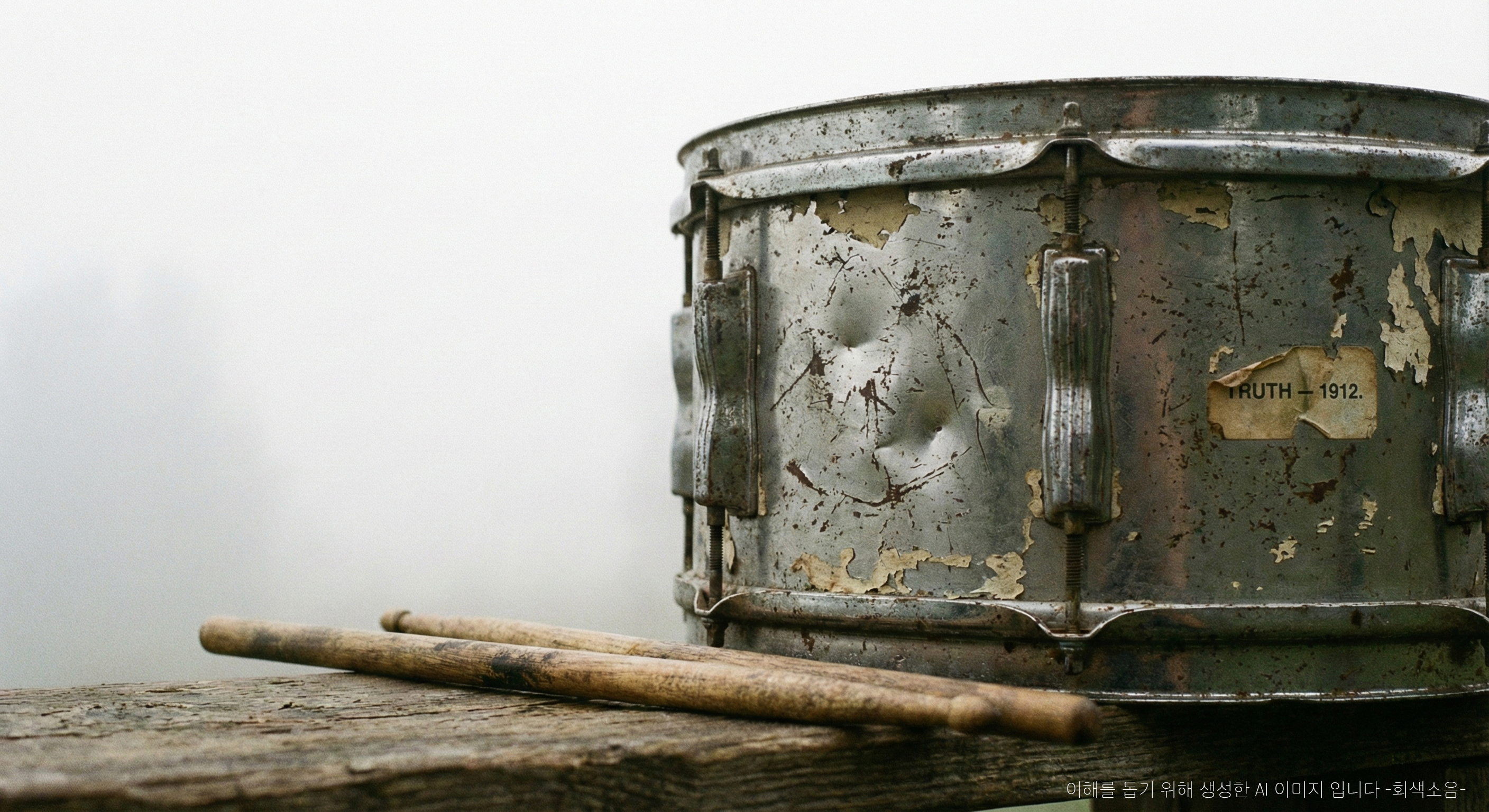 안개 낀 배경 앞 거친 나무 판자 위에 찌그러진 양철 북과 낡은 북채 두 개가 놓인, 흠집 질감이 살아있는 클로즈업 사진.