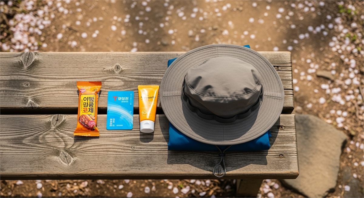 봄 산행에 필요한 준비물을 정리한 상징 장면