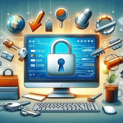 다양한 디지털 장치와 연결된 컴퓨터 보안 화면.