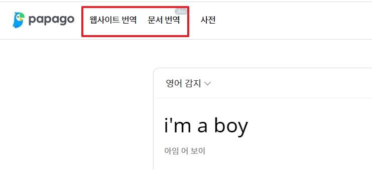 파파고 웹사이트 및 문서 번역 메뉴