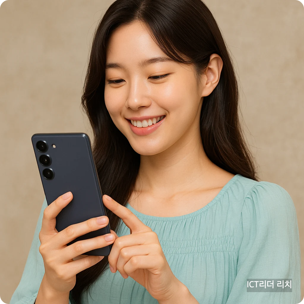 자연스럽게 웃으며 스마트폰을 사용하는 20대 여성의 고화질 대표 이미지