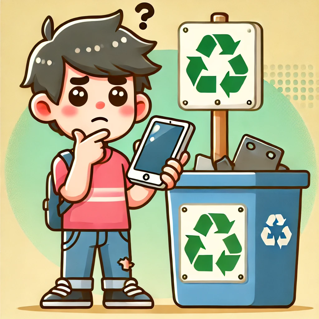 전자제품 재활용 고민하는 학생 이미지