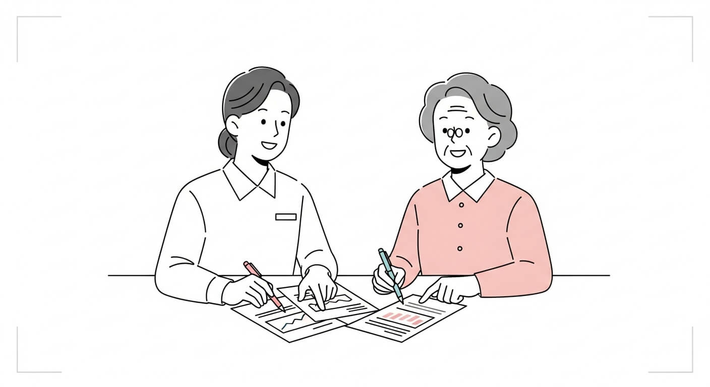  소득인정액 계산을 위해 서류를 검토하는 공무원과 어르신의 상담 장면 3 