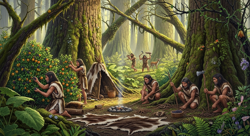 수렵 채집 시대 인류가 자연에서 식량을 얻는 모습.