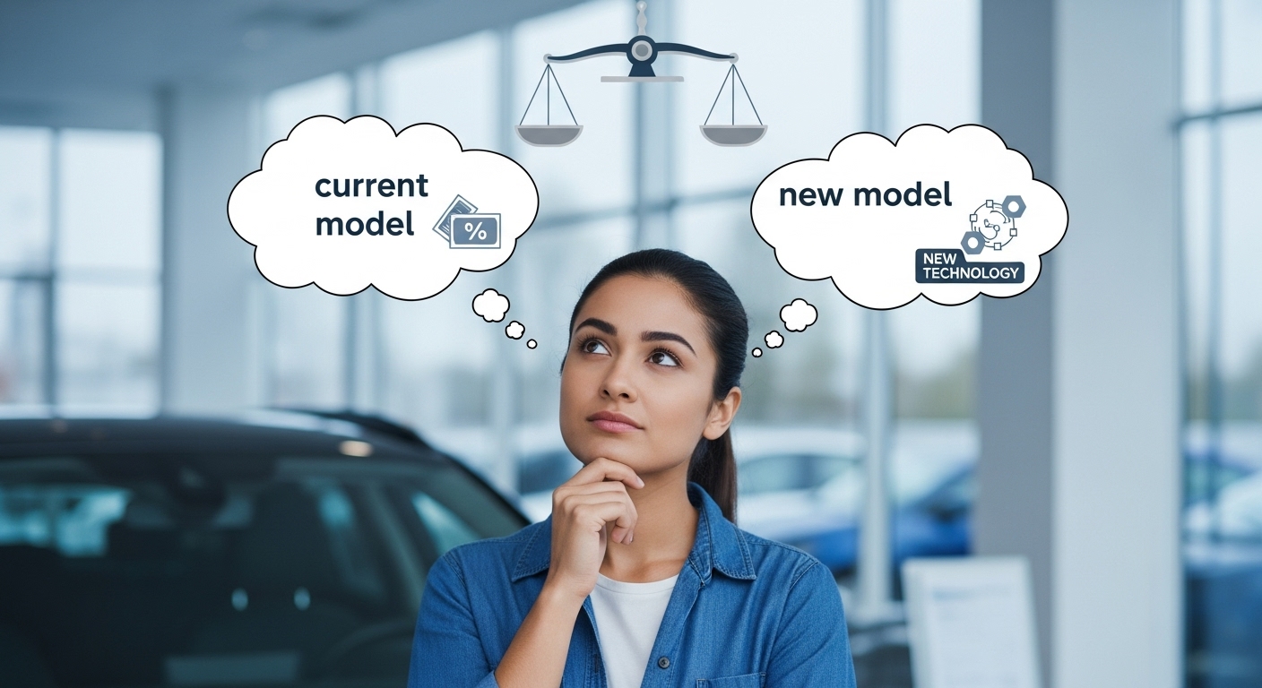 2025년형과 2026년형 스포티지 하이브리드 구매 시기를 고민하며 저울질하는 사람의 모습.