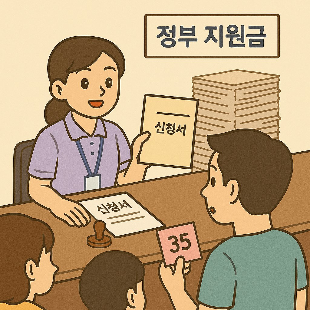정부 지원금 창구에서 신청서를 들고 있는 공무원과 번호표를 든 시민들, 정부 지원금 신청 장면을 묘사한 일러스트