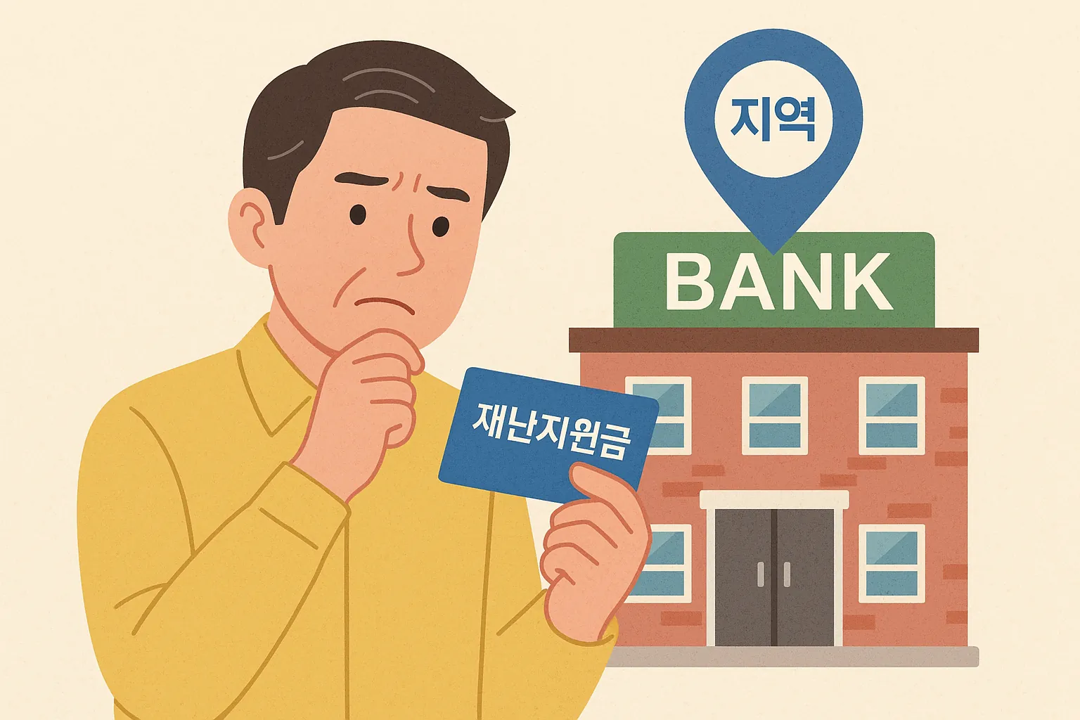 재난지원금 카드를 들고 지역 은행 앞에서 고민하는 중년 남성의 평면 일러스트