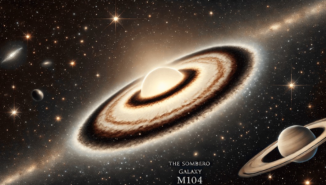 솜브레로 은하의 모습 가온데 동그란 원형태의 초대질량 블랙홀이 있고 그주변으로 원반모양으로 별들이 나열 되어있다 주변에는 여러 은하와 항성의 모습들이 보이는 전형적인 우주의 모습이다.
