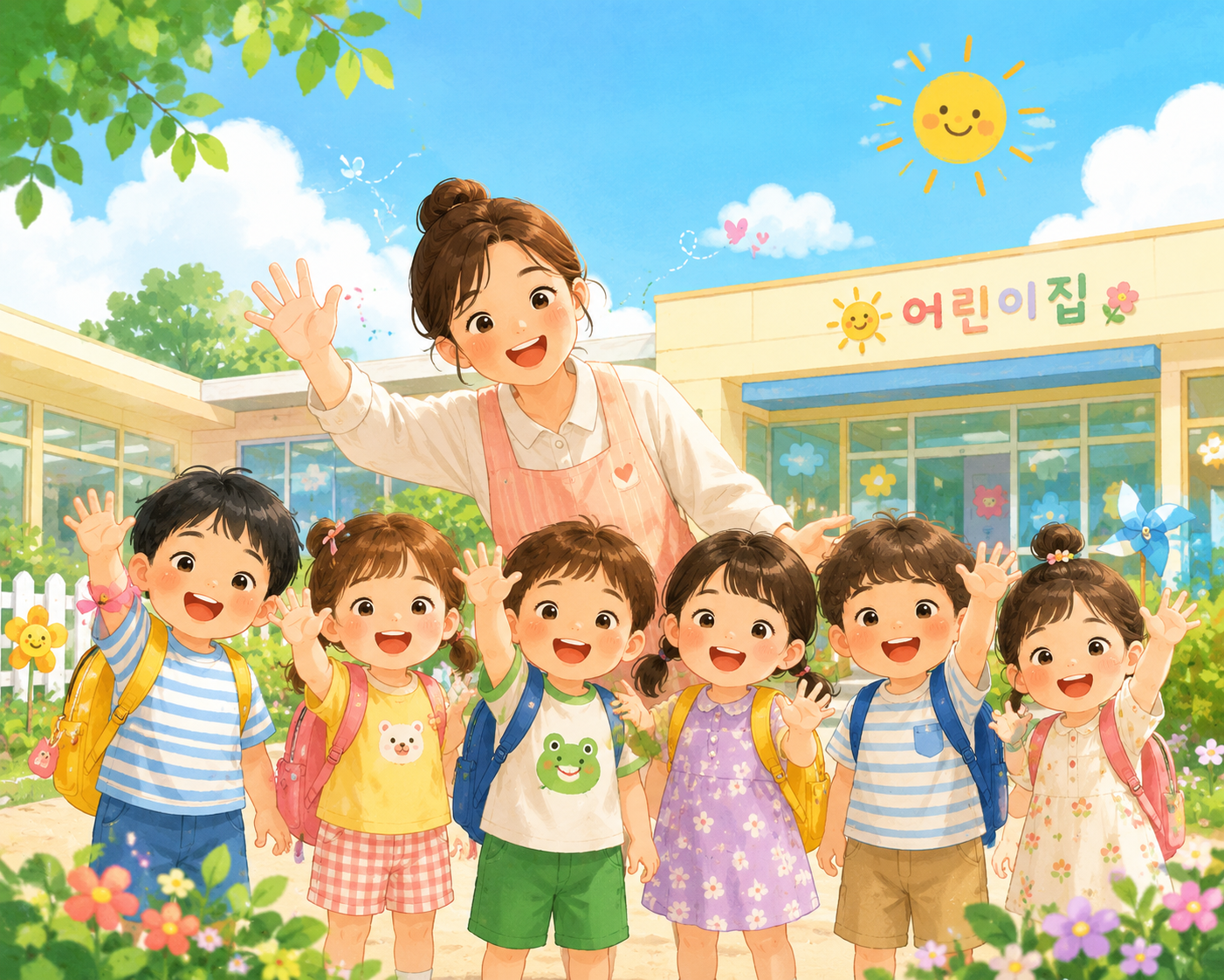 교사와 아이들이 인사하는 모습