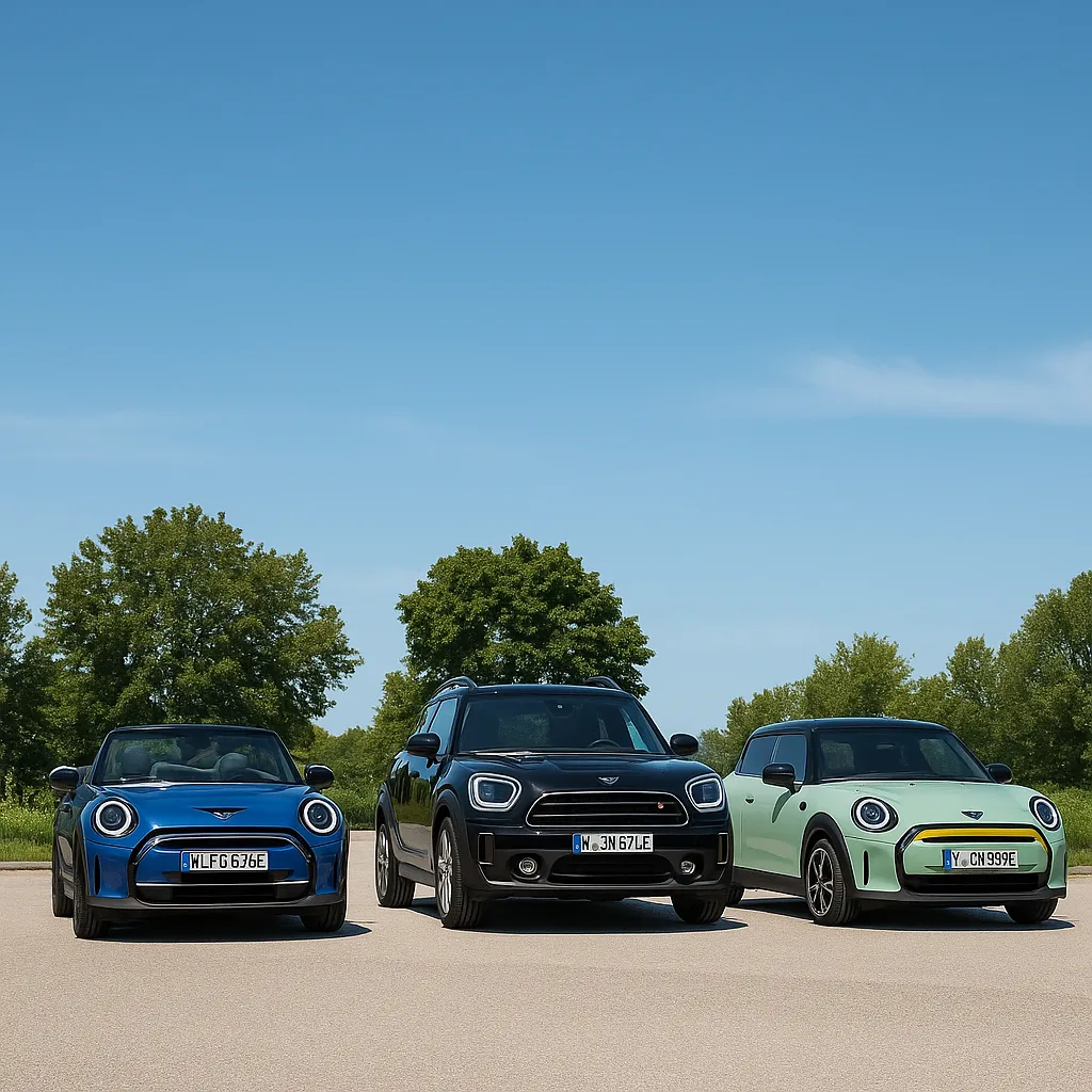 MINI 컨버터블&amp;#44; SUV&amp;#44; 전기차가 나란히 전시된 모습