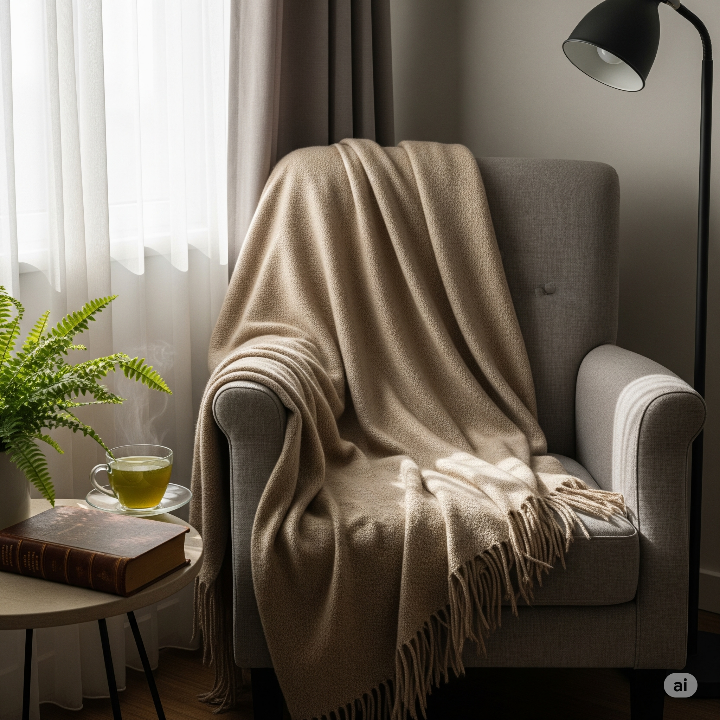 햇살이 드는 창가에 놓인 편안한 의자와 담요, 책, 차 한 잔이 있는 아늑한 공간, 심리적 안정감을 주는 개인 안식처