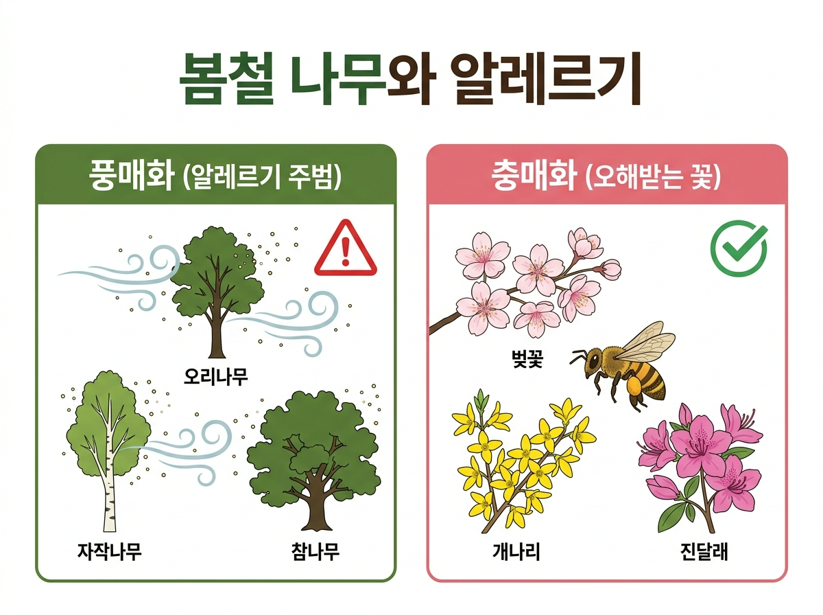 풍매화 충매화 차이, 꽃가루 알레르기 원인 수종, 오리나무 자작나무 참나무, 벚꽃 알레르기 오해