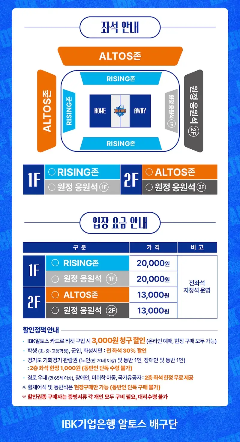 IBK기업은행 알토스 2024-2025시즌 티켓 가격, 화성종합경기타운 실내체육관 좌석배치도, 할인 및 무료입장 안내