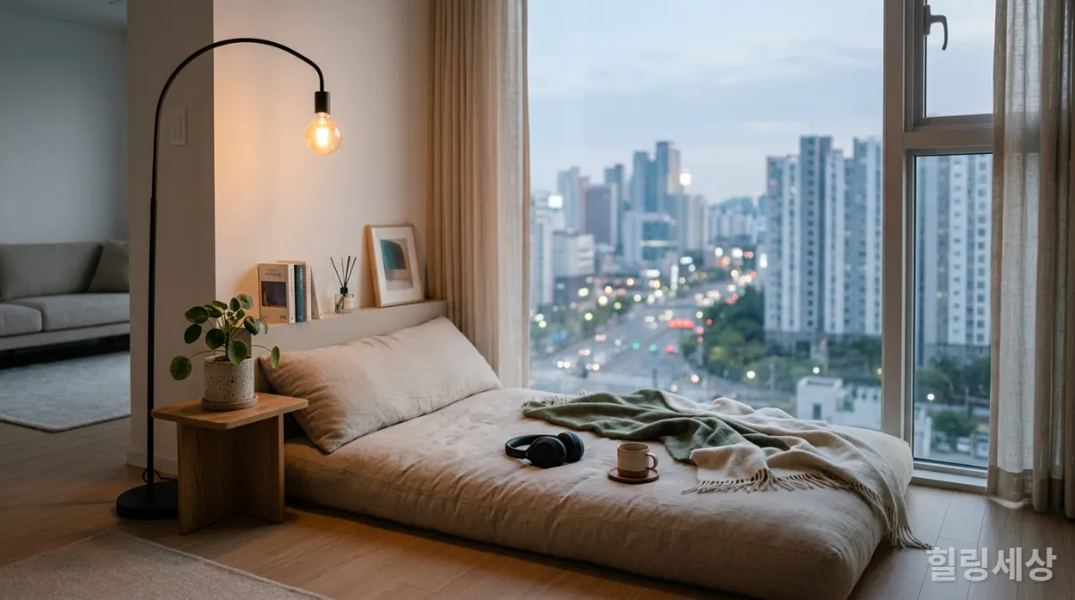 한국 아파트 거실에 꾸며진 개인 콰이어트케이션 공간, 조용히 휴식하는 모습