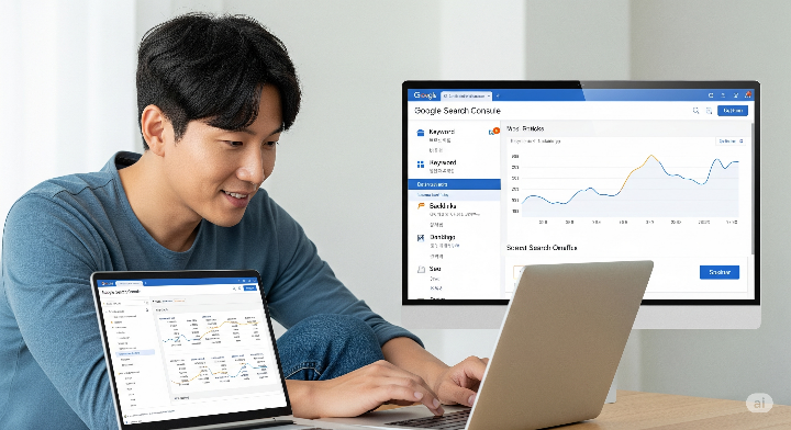 남성이 노트북으로 구글 서치 콘솔 화면을 보며 블로그 SEO를 점검하는 모습