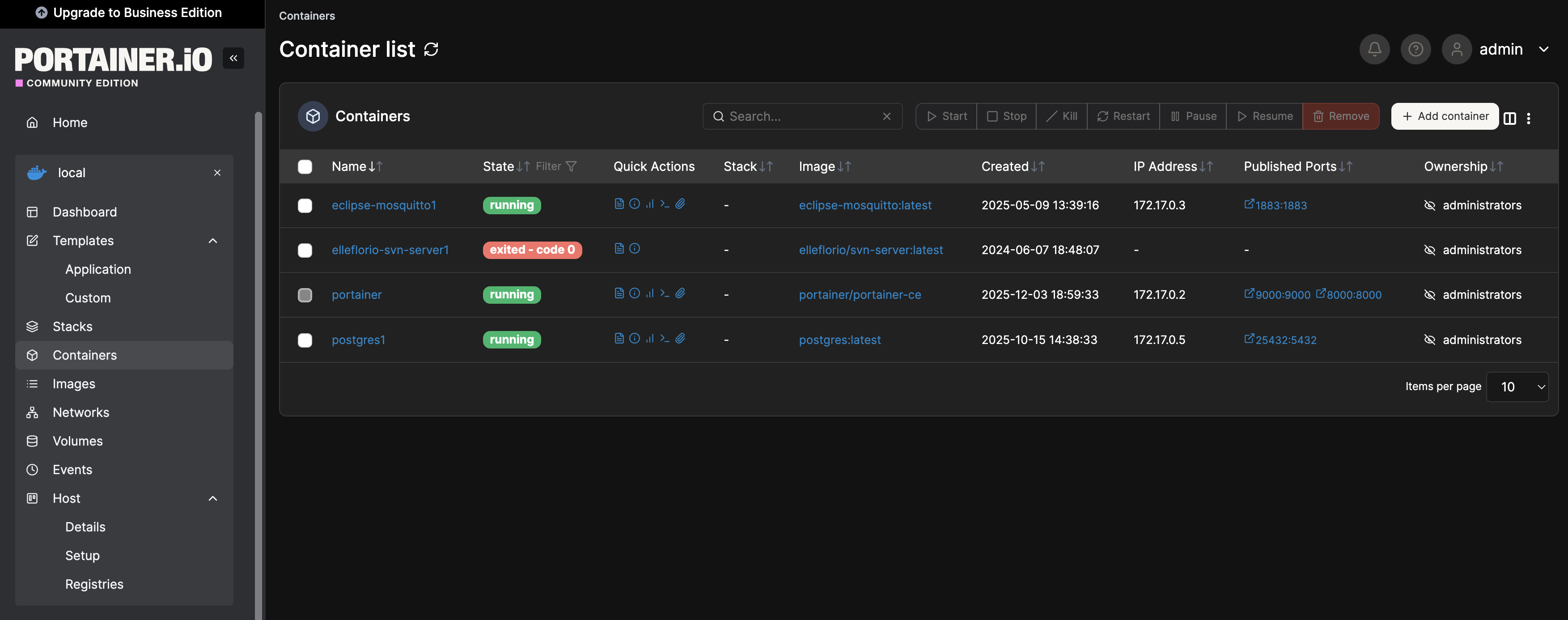 Docker Portainer가 정상설치 된 후 접속하는 경우 현재의 컨테이너 현황 및 관리가 가능합니다.