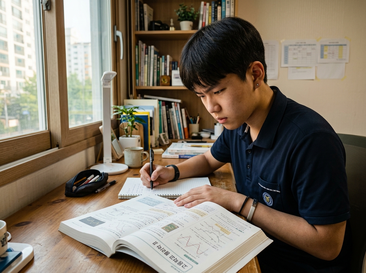 과학 교과서를 집중해서 공부하며 노트를 정리하는 한국 고등학생