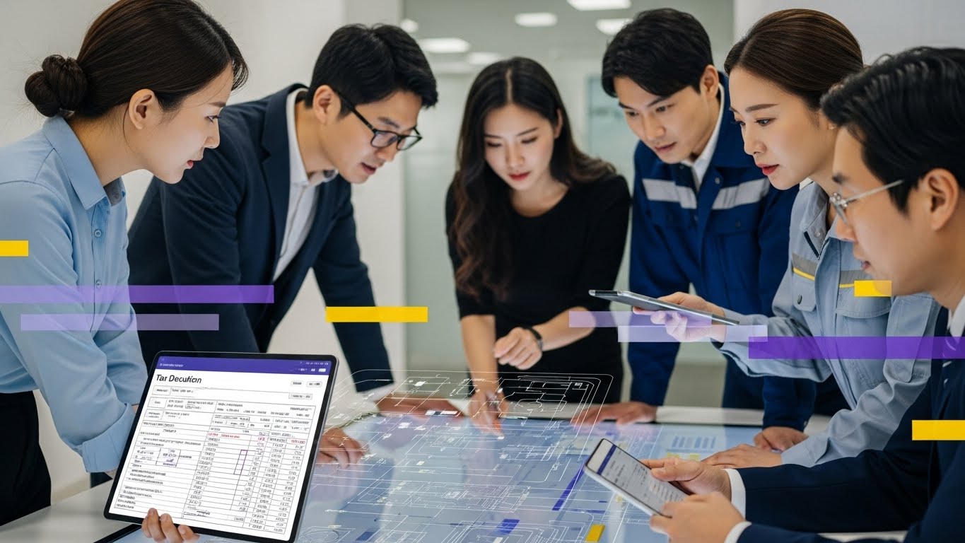 기업 전문가들이 AI 안전설비 투자 계획과 세제 혜택 관련 서류를 꼼꼼히 검토하는 모습