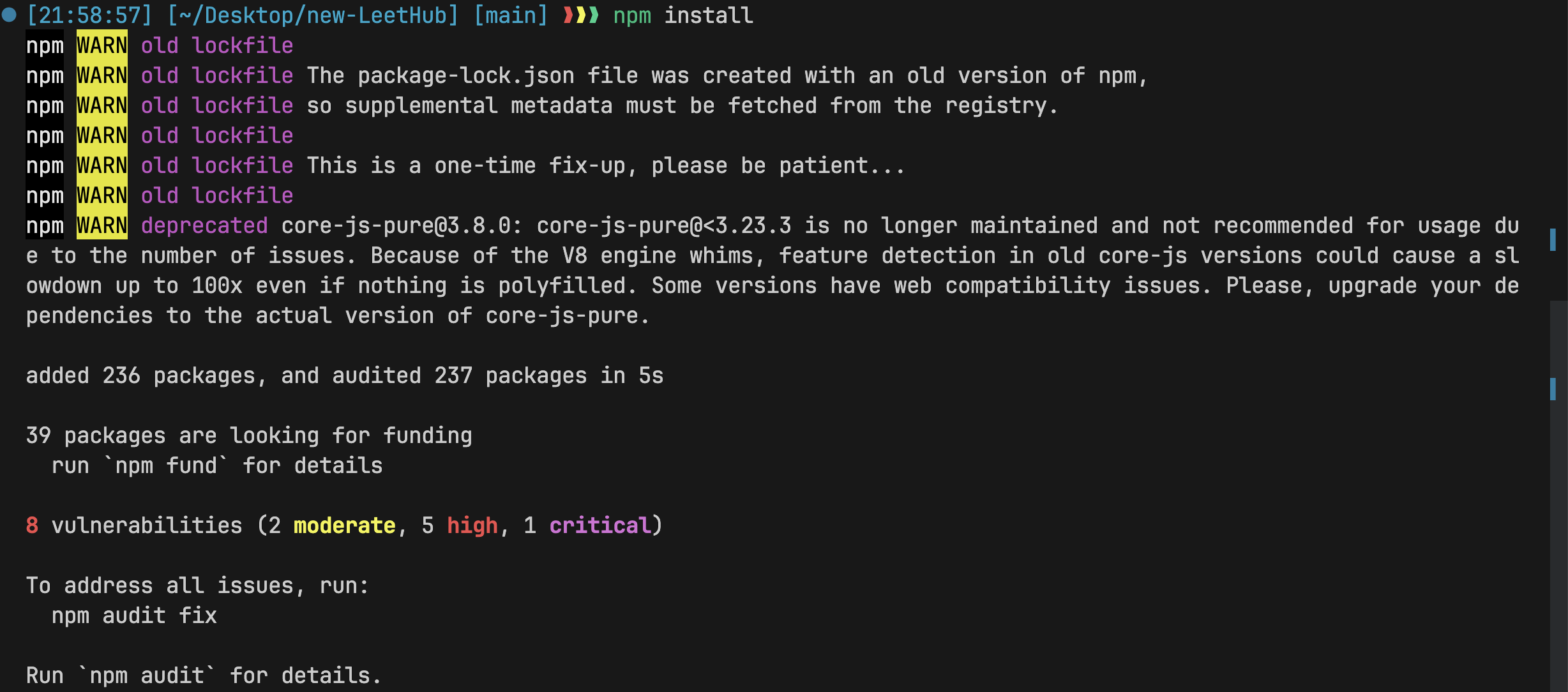 클론한 새 LeetHub를 npm install 하는 이미지