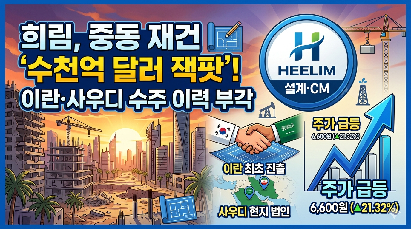 폐허가 된 도시가 현대적인 마천루로 탈바꿈하는 역동적인 조감도 위에, 상승하는 주가 그래프와 희림 로고가 합성된 블로그 썸네일. 상단에는 '희림 주가 급등! 중동 재건 수천억 달러 잭팟 터지나?'라는 대형 한글 텍스트와 함께 '이란·사우디 수주 이력 집중 분석' 텍스트가 삽입되어 있다. 이미지 중앙에는 희림의 핵심 경쟁력인 '설계·CM 독보적 레퍼런스'를 상징하는 도면 아이콘과 중동 지역 총괄 법인을 나타내는 아이콘이 있다. 배경은 맑은 하늘과 함께 사우디 '뉴 무라바' 등 대형 미래도시 개발 프로젝트 이미지가 오버레이되어 있다.