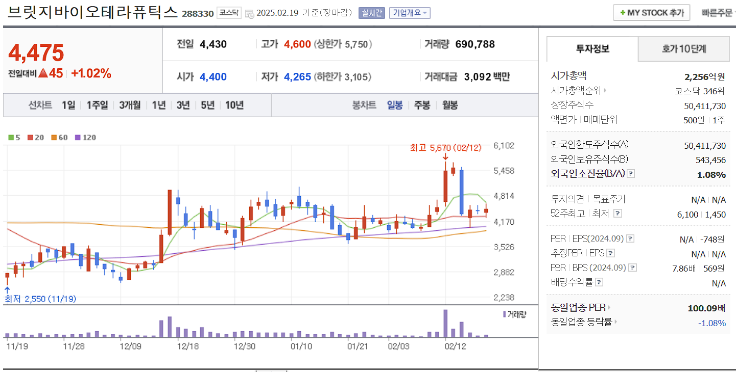 표적항암제 관련주 대장주 브릿지바이오테라퓨틱스 일봉 차트