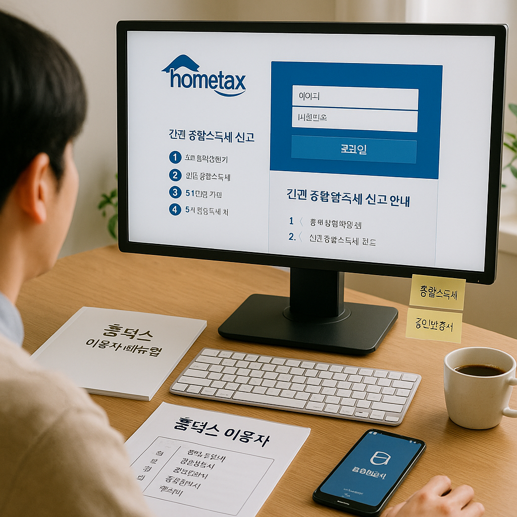 홈택스 웹사이트에서 세금 신고를 준비하는 납세자의 책상 – 공인인증서 앱과 종합소득세 관련 문서가 함께 있는 모습