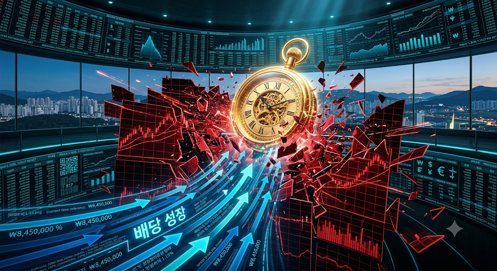 널뛰는 증시 변동성 속에서 하루 2시간 반의 미디어 소모를 차단하고 SCHD 적립 및 나스닥 100 4% 인출률로 완벽한 시간 자유를 사수하는 하이테크 금융 그래픽