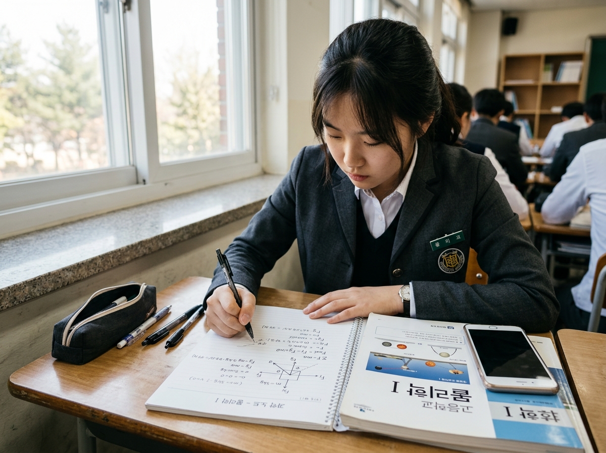 과학 노트에 개념을 정리하며 그림을 그리는 고등학생의 손