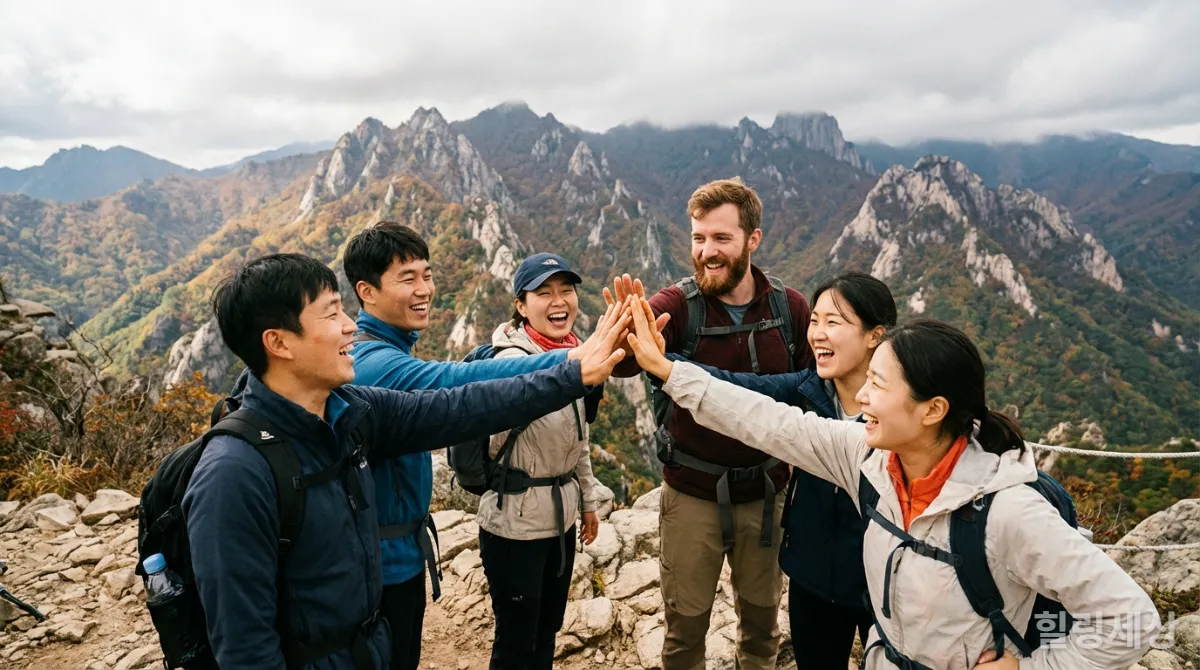 설악산 국립공원의 아름다운 등산로에서 한국인과 외국인 친구들이 함께 하이파이브하며 기뻐하는 모습