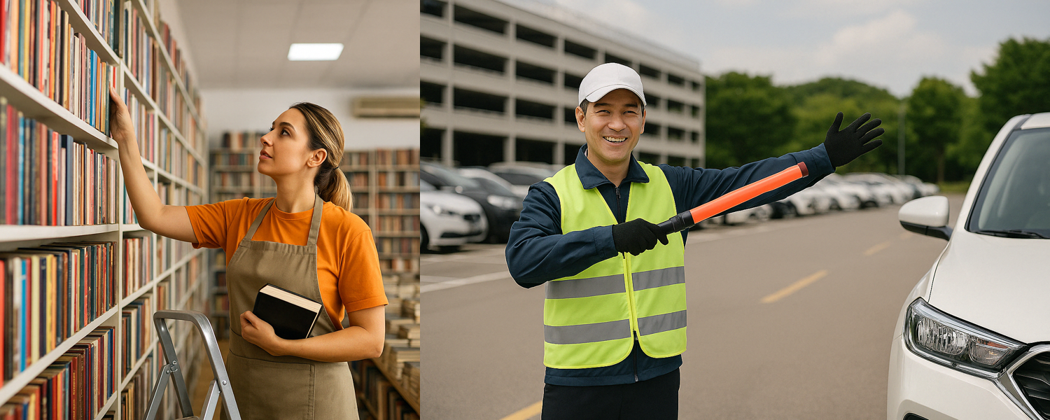 왼쪽에는 도서관 서가 앞에서 사다리를 이용해 책을 정리하는 앞치마 차림의 사서, 오른쪽에는 형광 조끼를 입고 손에 신호봉을 든 주차 관리인이 주차장 차를 안내하며 미소 짓는 모습이 나란히 배치된 장면