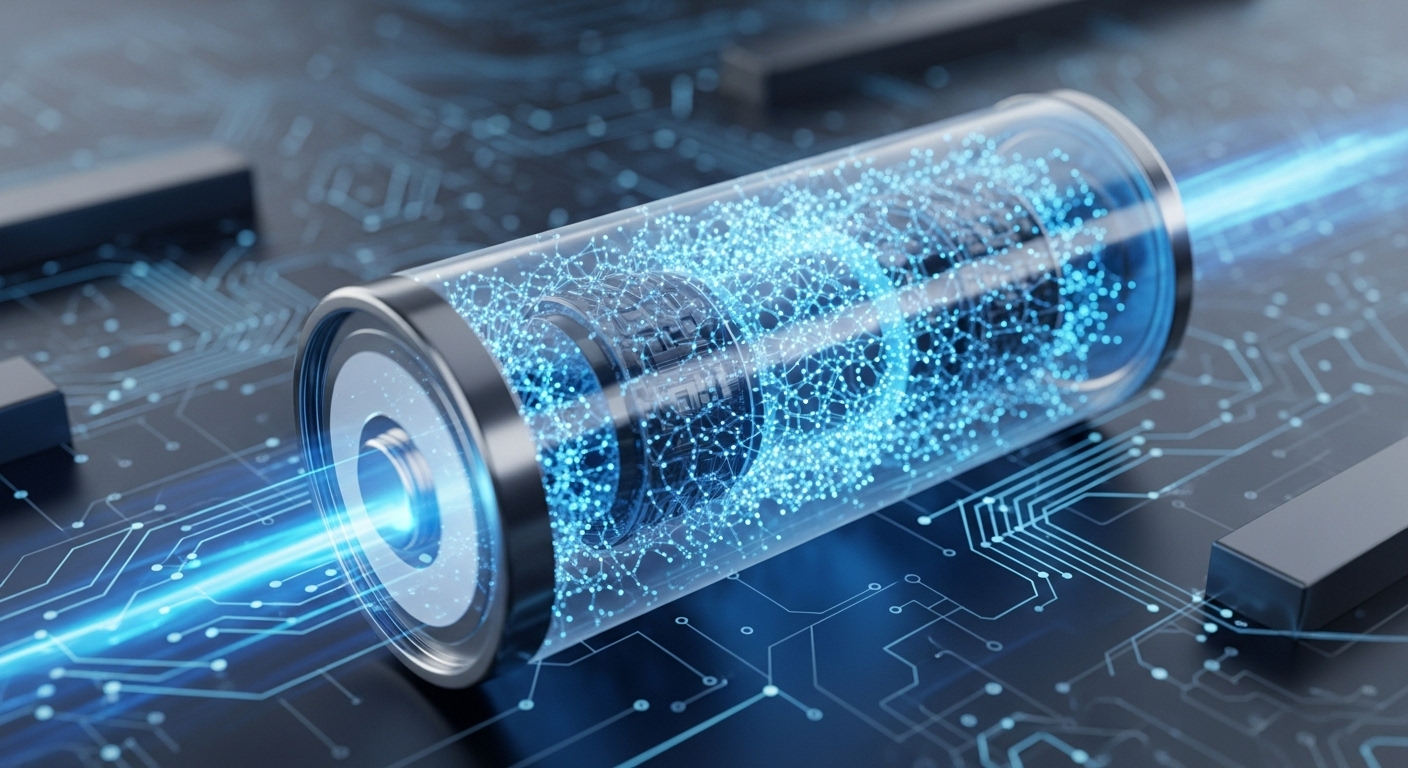 푸른색과 회색 톤의 미래 지향적인 그래핀 배터리 이미지, 에너지 흐름과 회로 패턴이 보이며 혁신적인 기술을 상징합니다.
