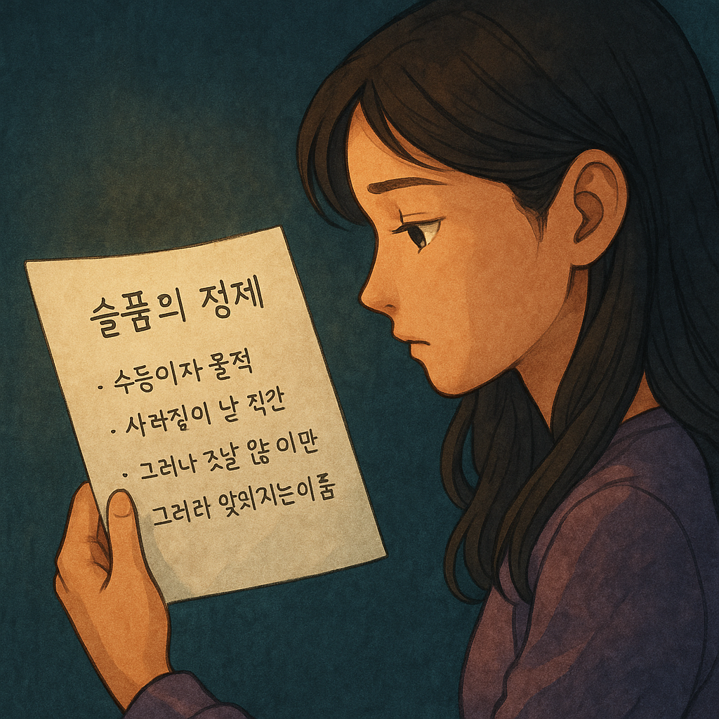 시연, 슬픔에 대한 자신의 정의를 손글씨로 남기는 장면