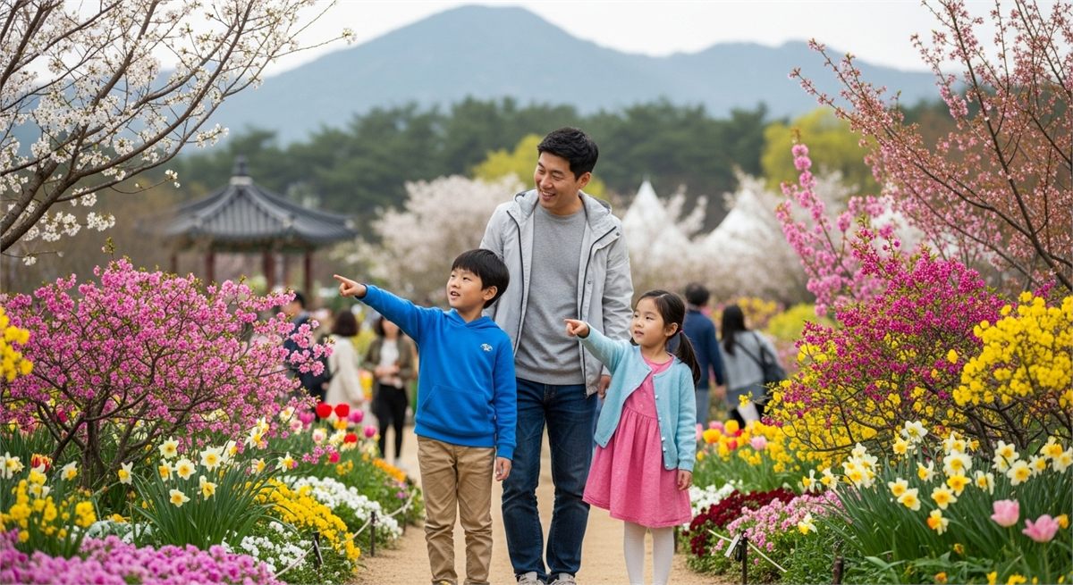 부모와 아이가 꽃박람회에서 꽃을 보며 걷는 장면 