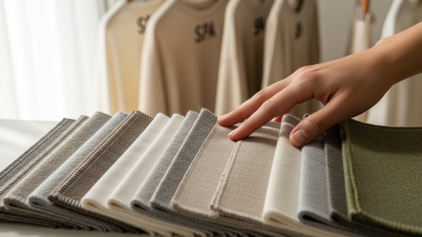 다양한 패브릭 스왓치(코튼, 린넨, 울, 합성 혼방)를 깔끔하게 정리한 클로즈업 샷으로, 손으로 텍스처와 스티치를 세심하게 검사합니다.