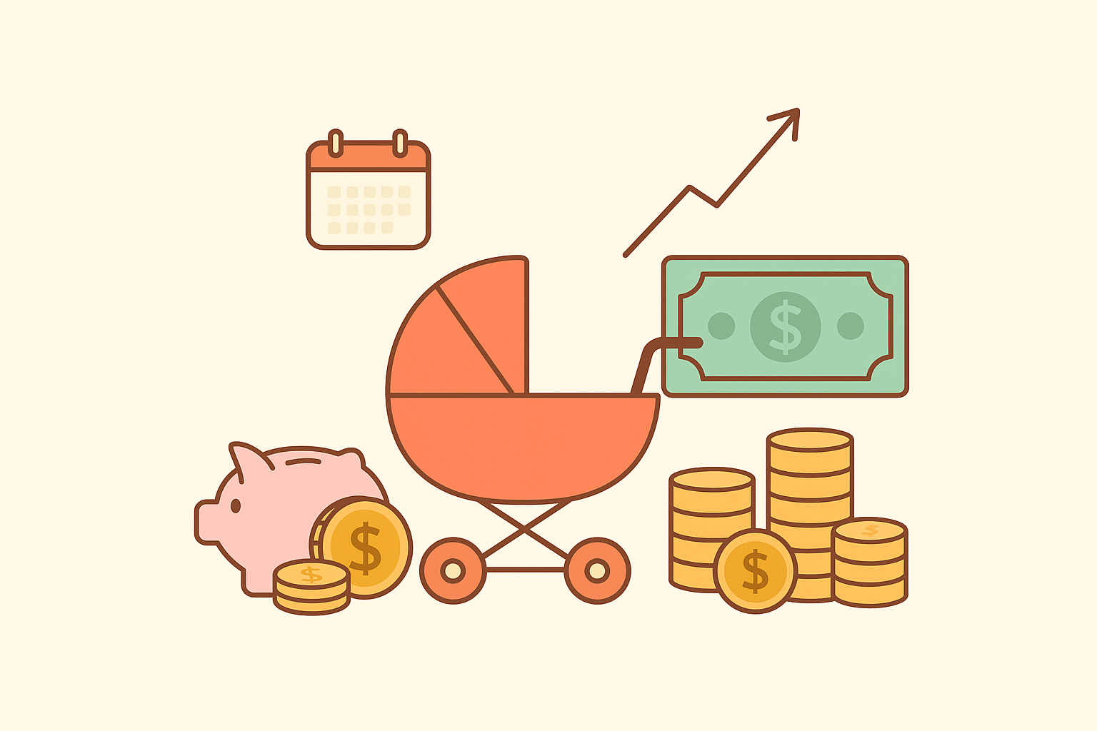 2026년 임산부 혜택으로 부모급여와 아동수당 등 출산 후 매달 쌓이는 현금 흐름을 유모차와 동전 아이콘으로 표현한 일러스트