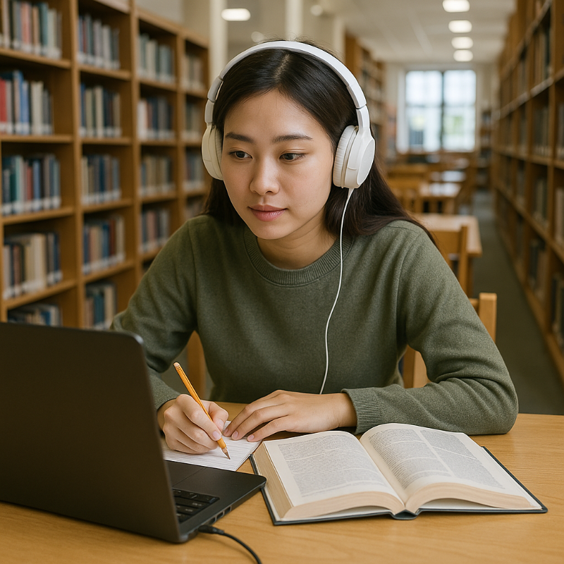온라인 강의를 듣거나, 도서관에서 공부하는 20대