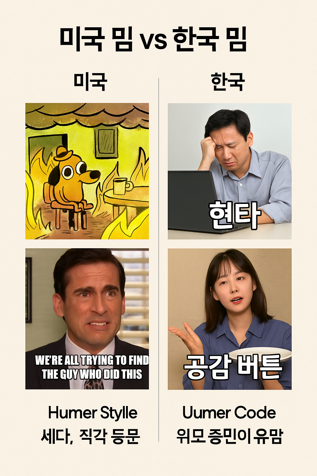 미국 밈 vs 한국 밈 – 유머코드, 스타일, 인기의 문화 차이
