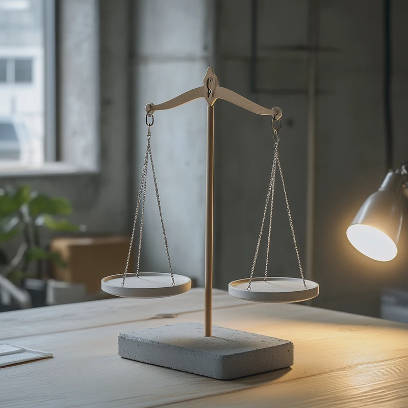 위험과 보상을 균형 있게 저울로 나타낸 개념적 이미지, 우아한 금융 사무실에서의 차분한 조명, 투자 전략에 대한 신중한 고려 강조