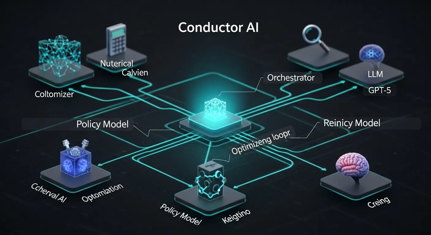 엔비디아 '지휘자 AI'의 작동 방식을 시각화한 그림. 작은 오케스트레이터가 GPT-5를 포함한 다양한 AI 도구들을 지능적으로 연결하고 있습니다.