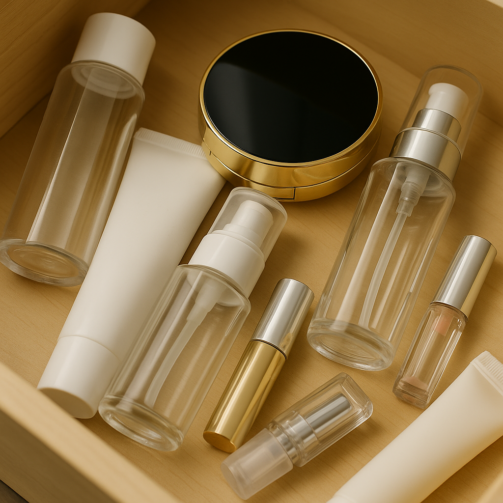 다양한 공병 화장품 용기들이 나무 서랍 안에 정리되지 않은 채 흩어져 놓여 있는 모습. 스킨병, 에센스 펌프, 립스틱, 쿠션 팩트, 튜브 등이 종류별로 섞여 있음